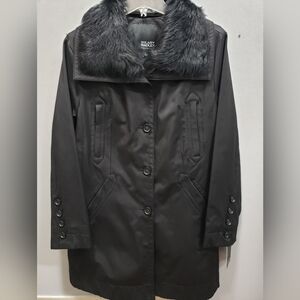 Hilary Radley Black Trench Coat, Gray Flannel Lined, Removable Fur Collar